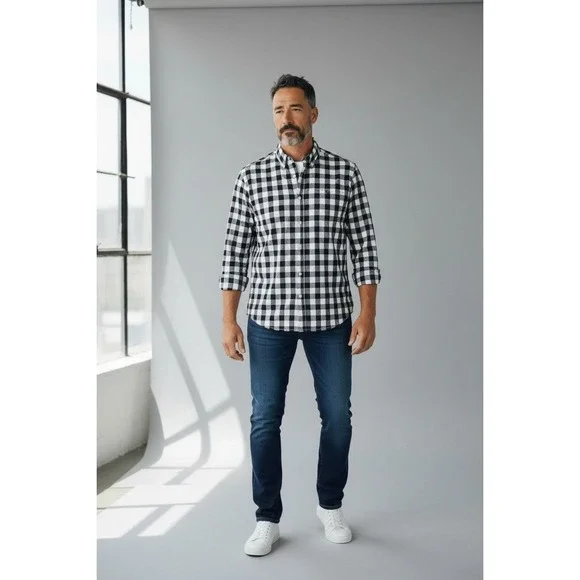 Kennedy Mfg Co Black White Gingham Check Plaid Long Sleeve Button Up Shirt Men M - Picture 9 of 9